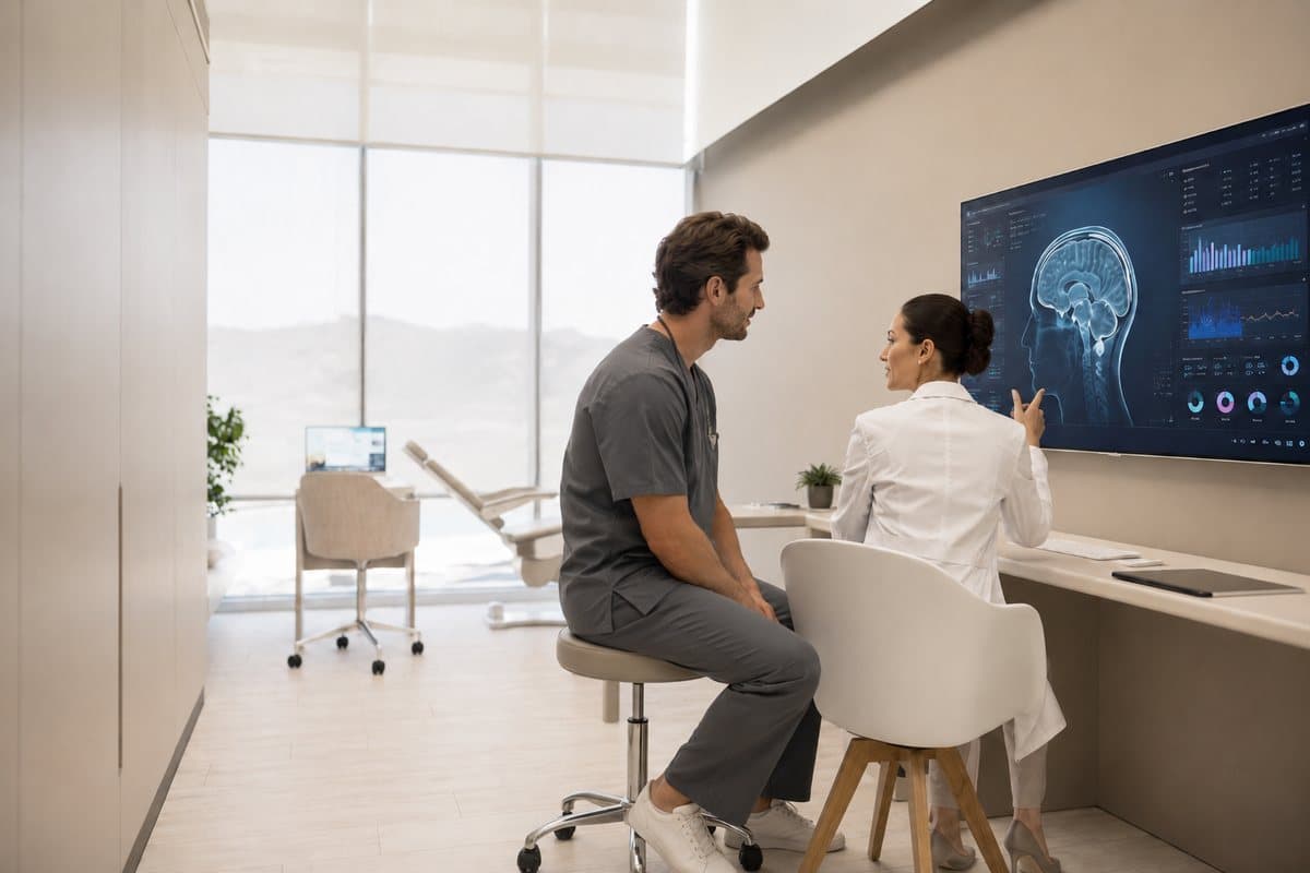 Dos profesionales de TEA+ revisan el mapa cerebral de un paciente en pantalla