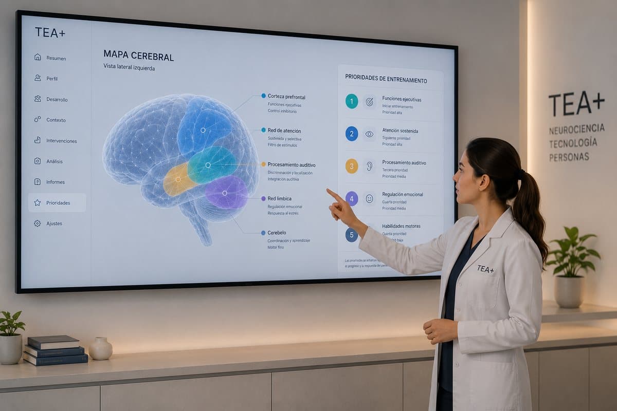Profesional de TEA+ señala un mapa cerebral con las prioridades de entrenamiento ordenadas