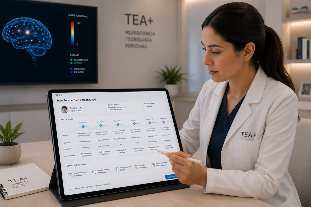 Profesional de TEA+ diseña en una tablet un plan terapéutico personalizado con objetivos, frecuencia e intensidad por etapa