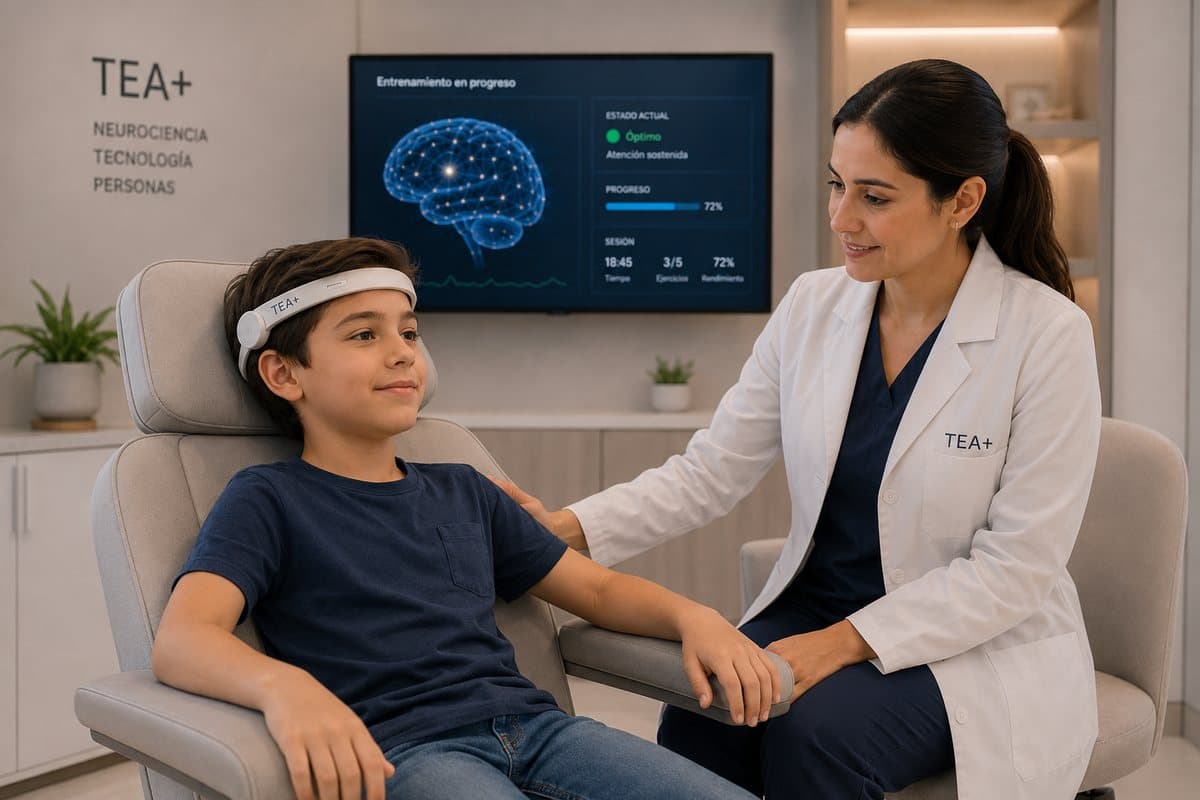 Niño tranquilo en una sesión de entrenamiento con vincha de neurofeedback, acompañado por una profesional de TEA+