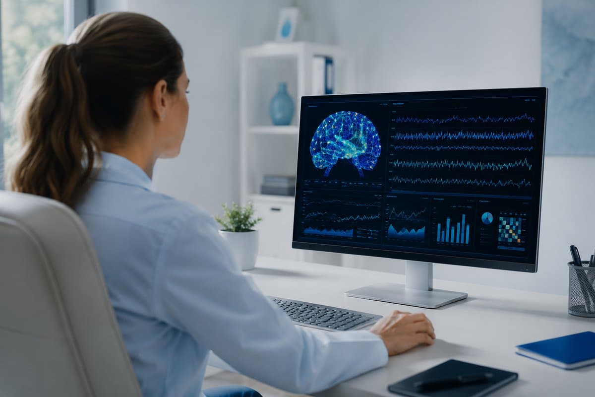 Profesional analiza en un monitor gráficos y un mapa de actividad cerebral en tonos azules