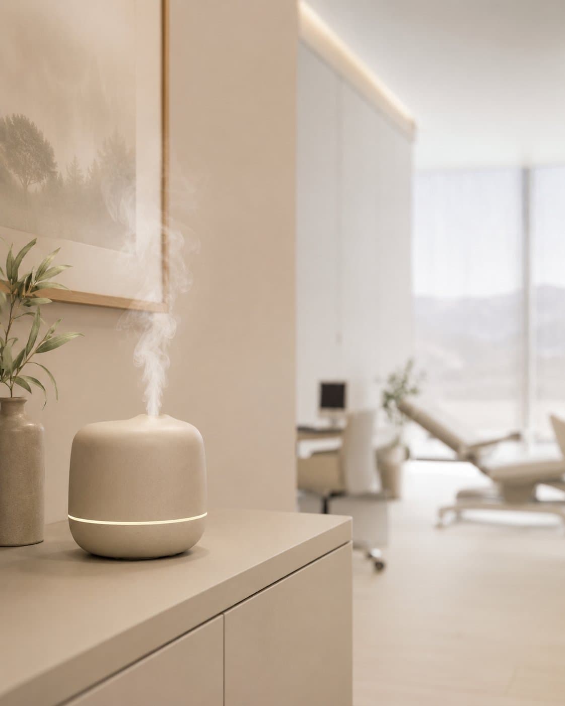 Difusor de aromas con vapor suave en la sala de TEA+