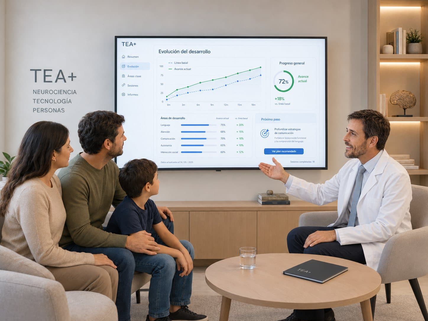 El Dr. Otoya muestra a una familia en una pantalla la evolución del desarrollo de su hijo