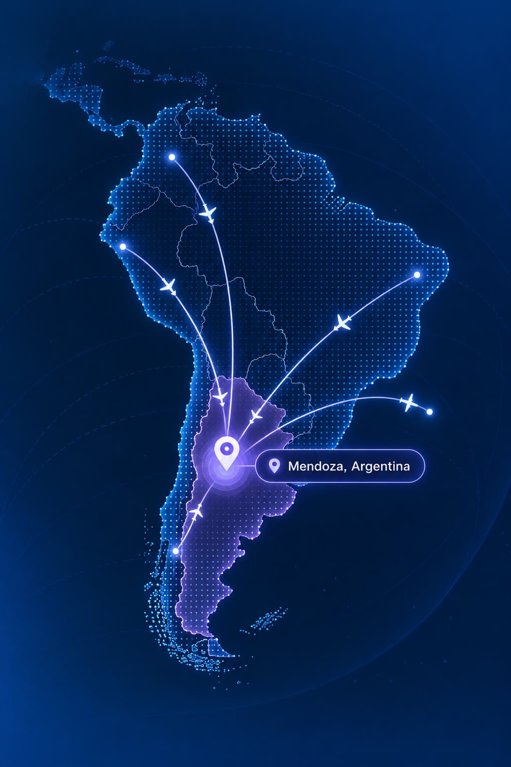 Mapa de Sudamérica con rutas de vuelo que llegan a Mendoza, Argentina
