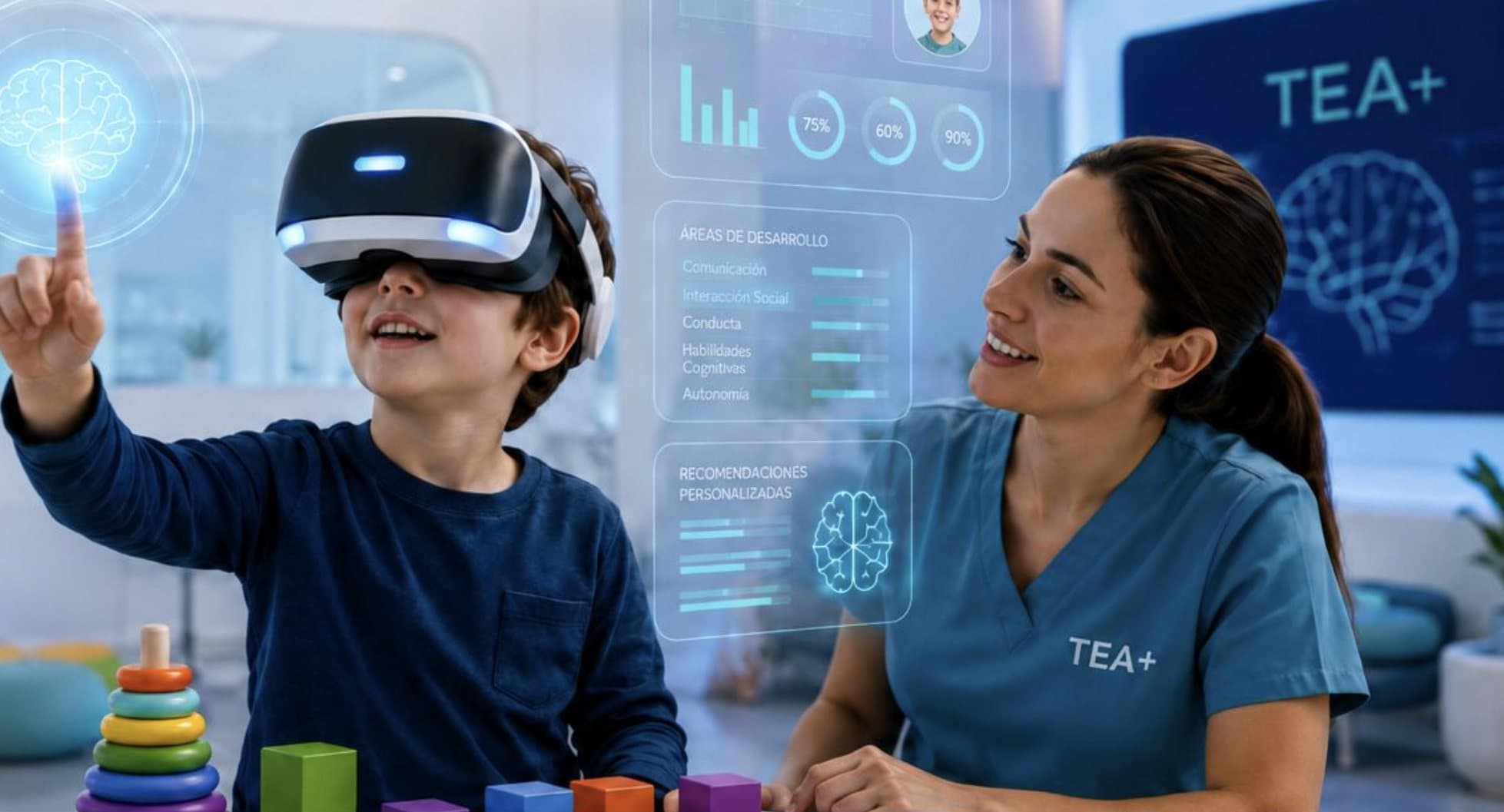 Un niño explora con realidad virtual junto a una profesional de TEA+
